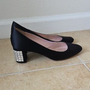 KATE SPADE Black Satin Embellished Rhinestone Block 2" Heels Sz 8 Made in Italy